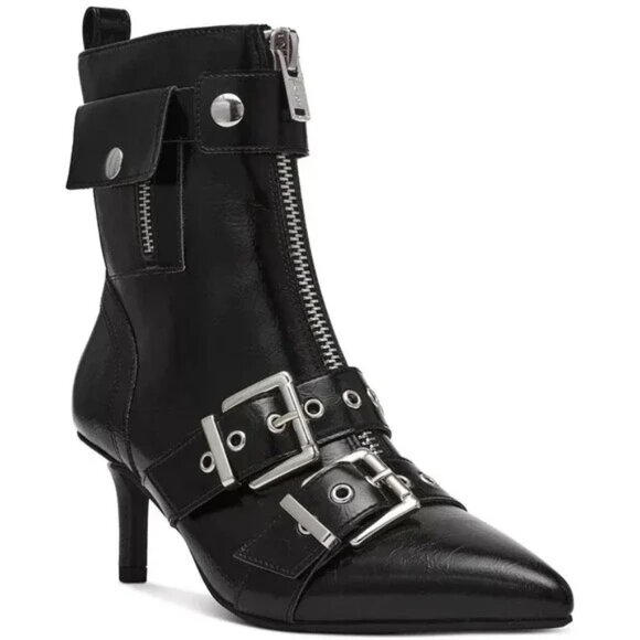 Wild Pair Shoes - Wild Pair Women's Moonbeam Leather Buckle Heel Booties Black Crinkle Size 6M NWB
